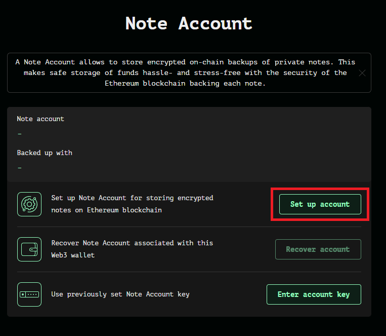 Set up note account button