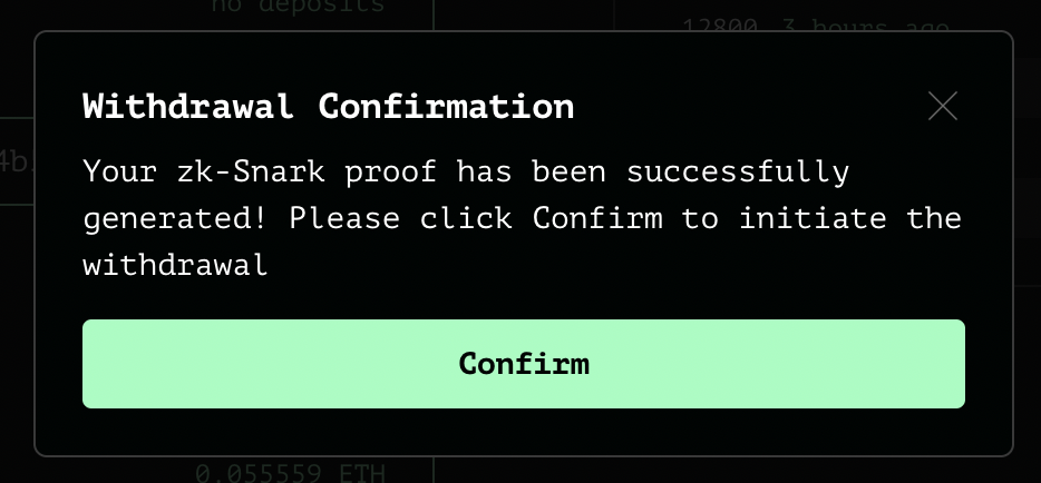 Withdrawal confirmation popup